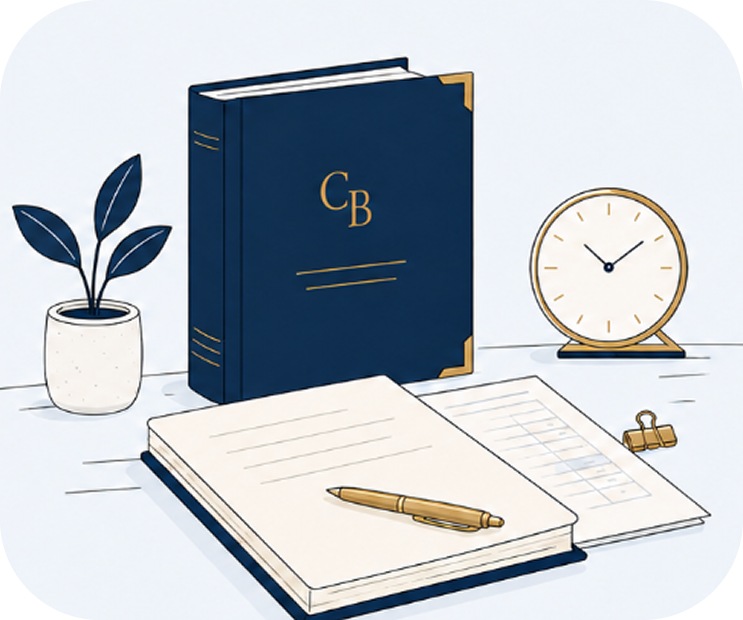 Accounting book, notebook, pen, plant and clock